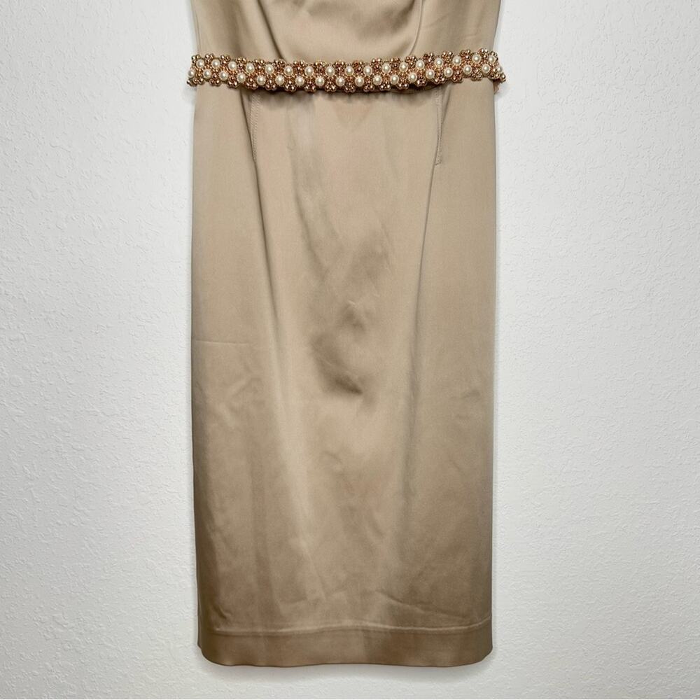 Kay Unger Champagne Satin Embellished Pearl Belt Sleeveless Midi Dress Size 12 - Picture 4 of 10